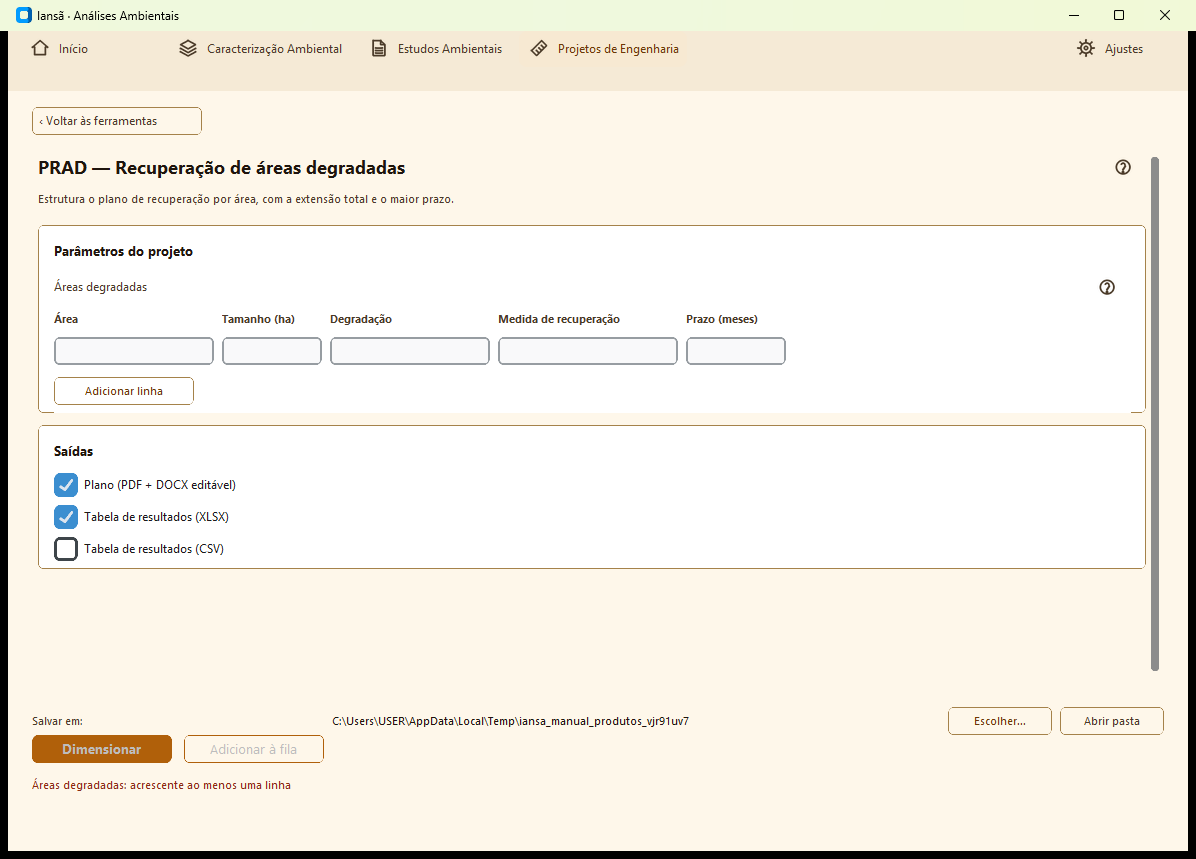 Captura de tela da página da ferramenta PRAD — Recuperação de Áreas Degradadas no aplicativo Iansã